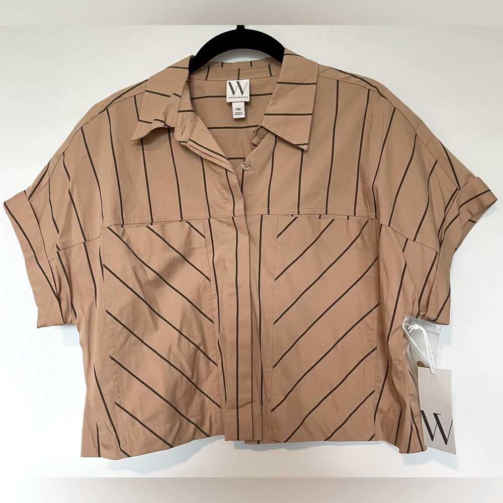Worthington Khaki With Black Stripes Button Down Top Size Petite Medium …